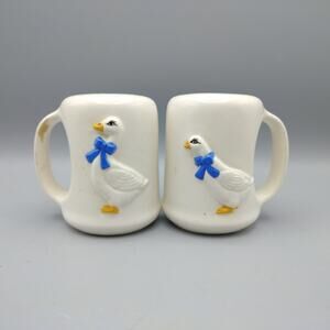 VTG Large Stovetop Ceramic Blue Ribbon Geese Salt Pepper Shakers Set Cottagecore
